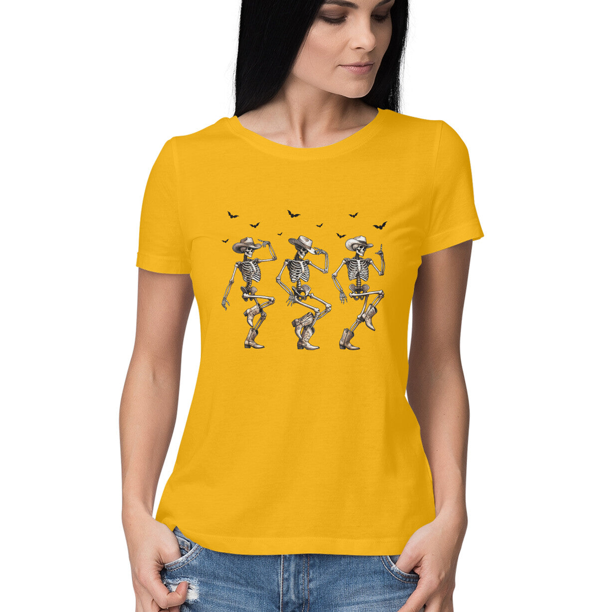Cowboy Skeletons Dance Women's T-Shirt Golden Yellow Printrove