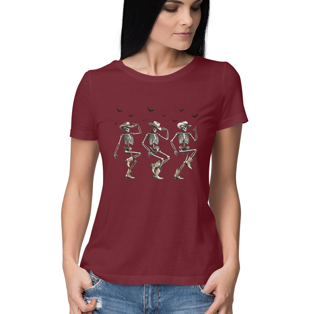 Cowboy Skeletons Dance Women's T-Shirt Maroon Printrove