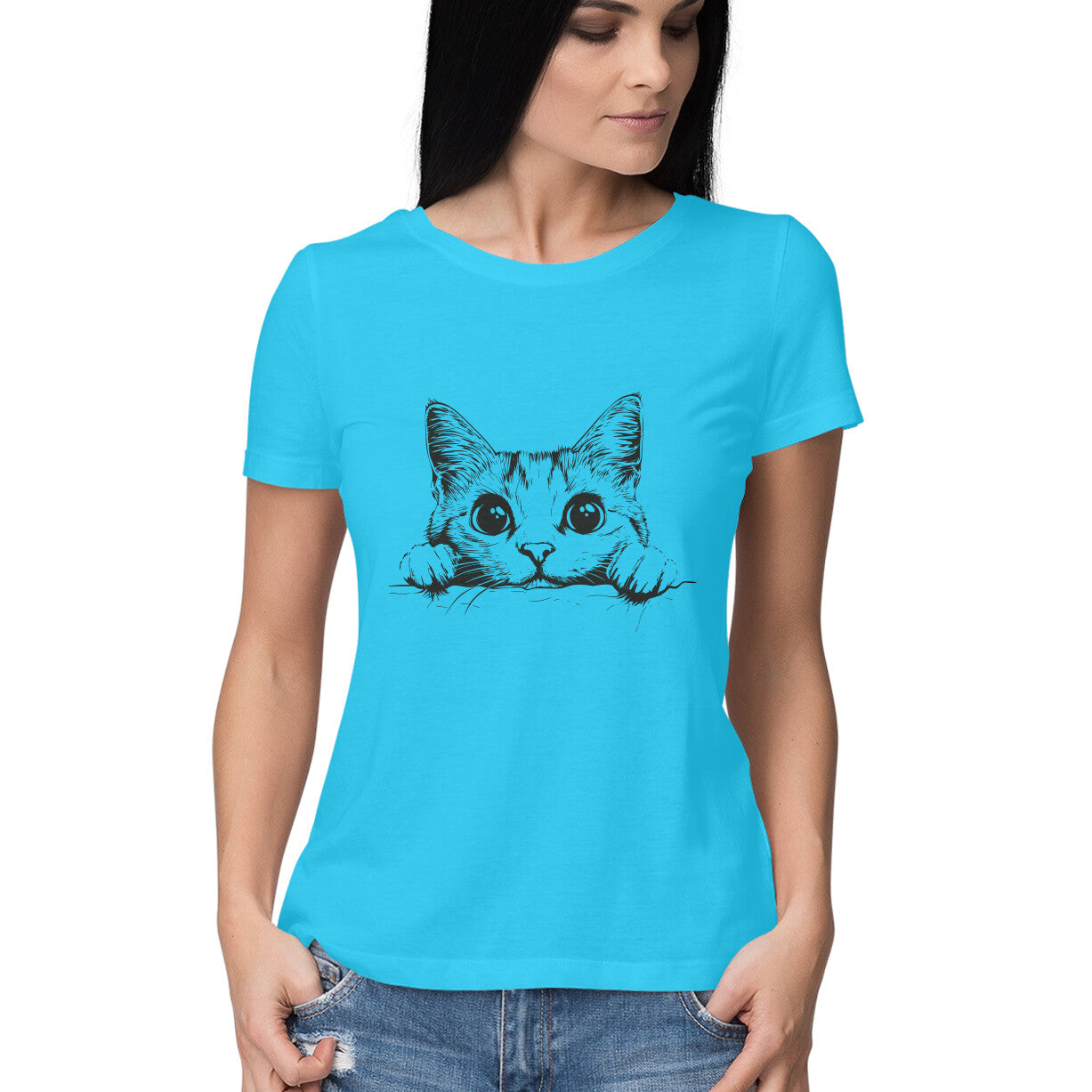 Cute Cat Women's T-Shirt Sky Blue Printrove