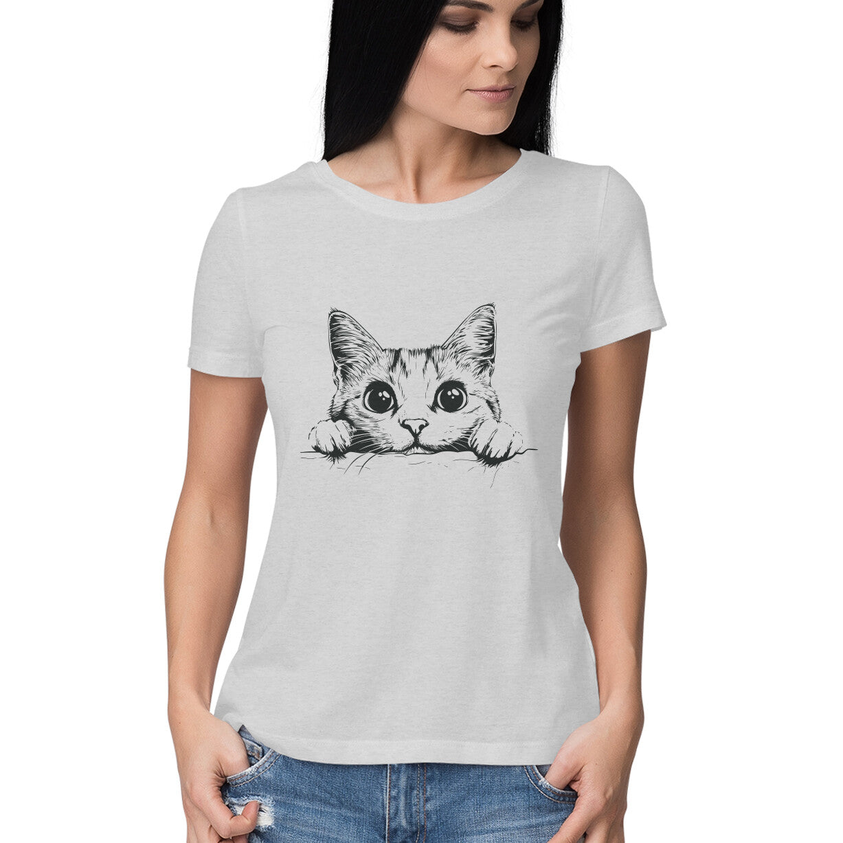 Cute Cat Women's T-Shirt Melange Grey Printrove