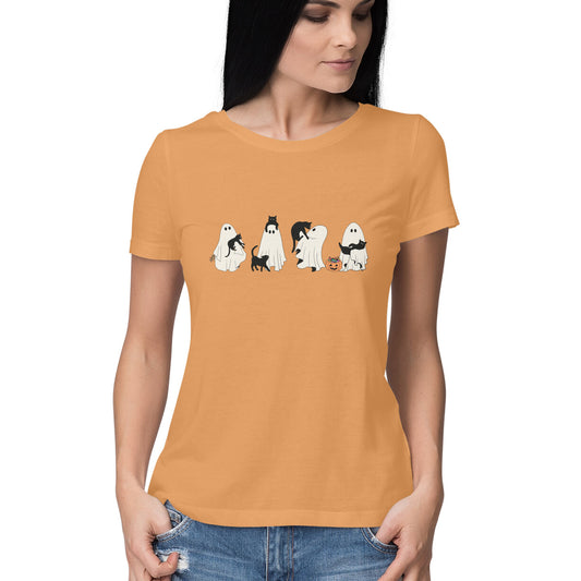 Halloween Cat Ghost Women's T-Shirt Mustard Yellow Printrove