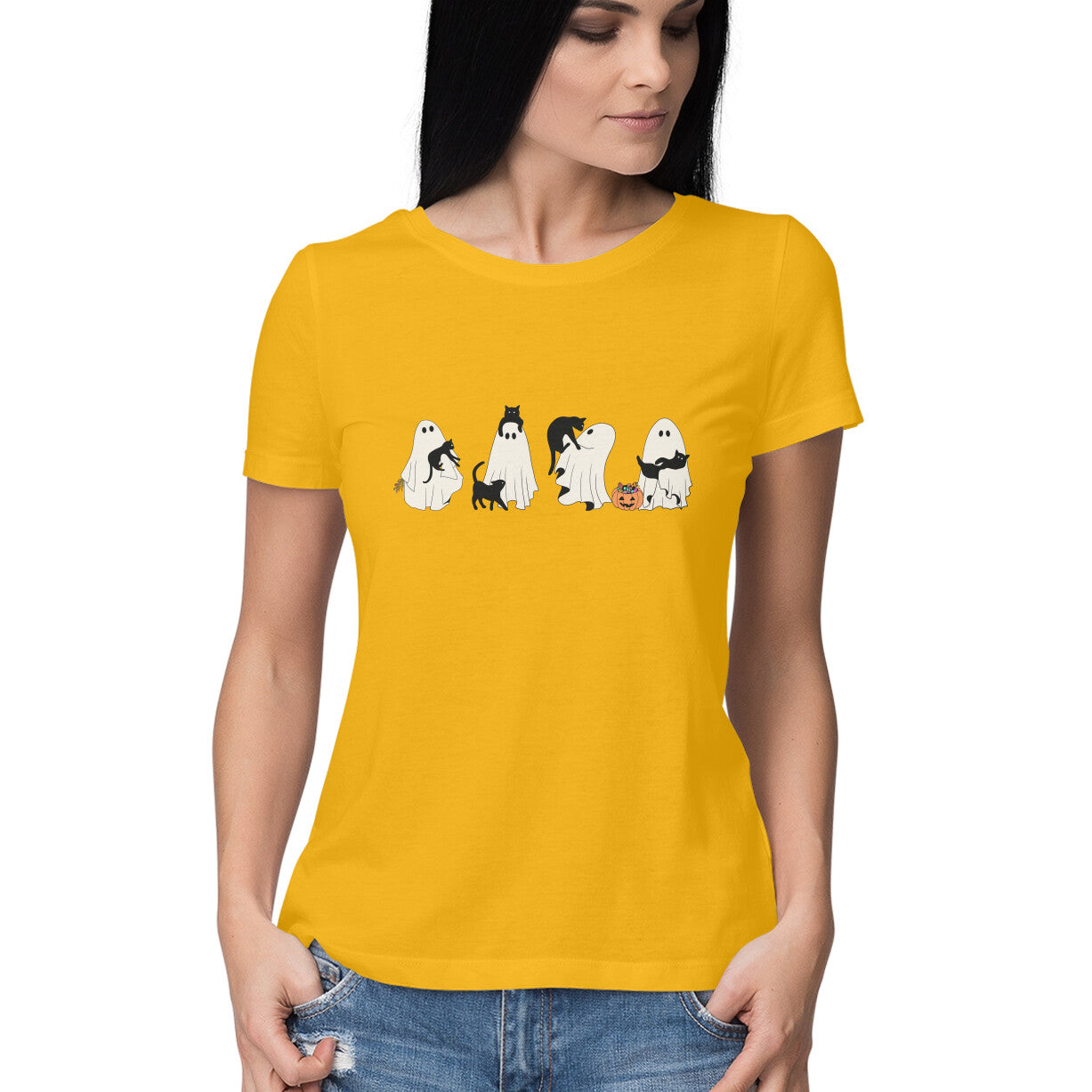 Halloween Cat Ghost Women's T-Shirt Golden Yellow Printrove