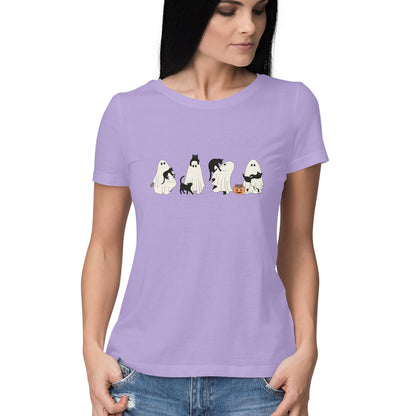 Halloween Cat Ghost Women's T-Shirt Iris Lavender Printrove