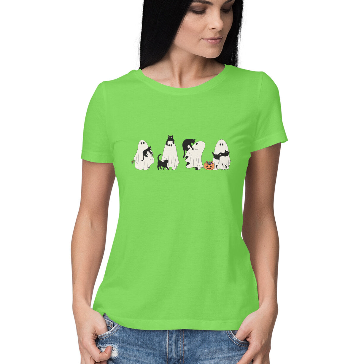 Halloween Cat Ghost Women's T-Shirt Liril Green Printrove