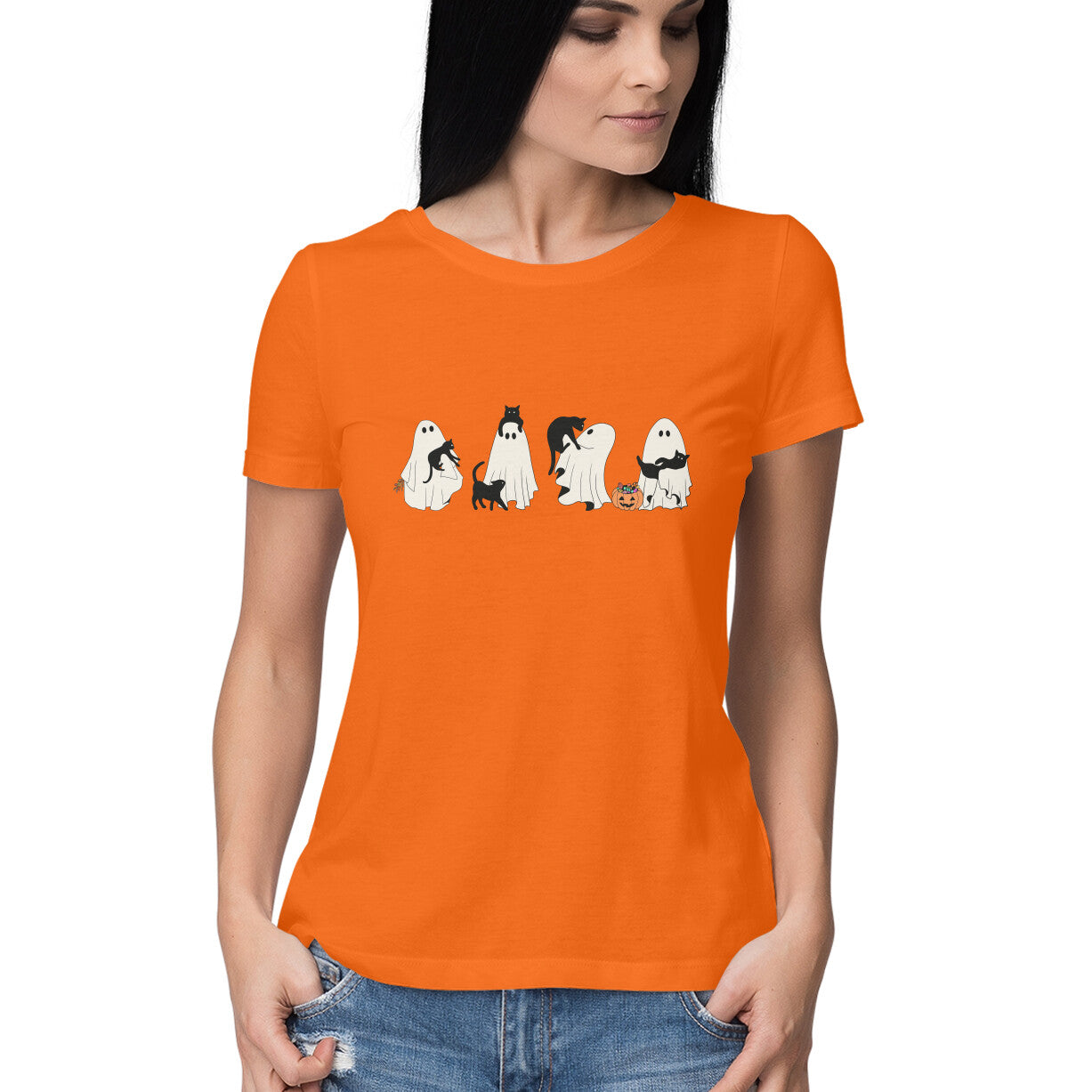 Halloween Cat Ghost Women's T-Shirt Orange Printrove