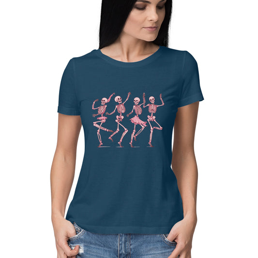 Pink Dancing Skeletons Women's T-Shirt Navy Blue Printrove
