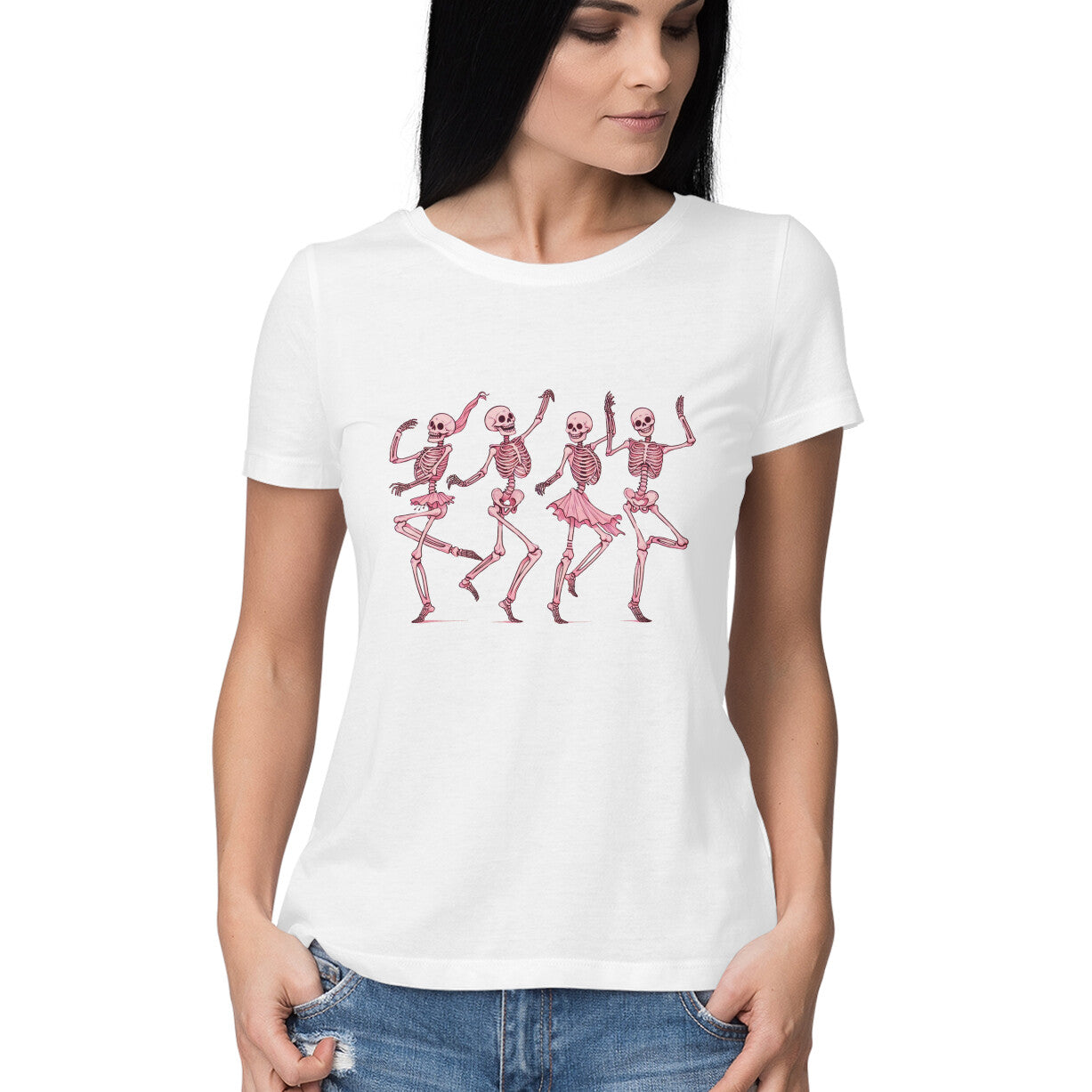 Pink Dancing Skeletons Women's T-Shirt White Printrove