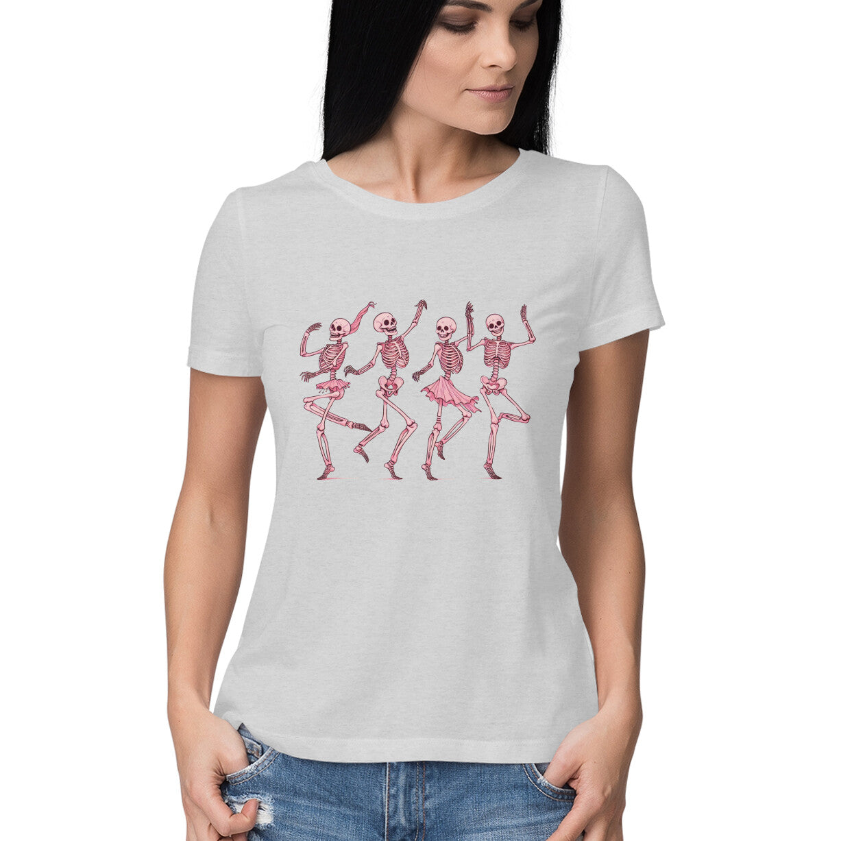 Pink Dancing Skeletons Women's T-Shirt Melange Grey Printrove