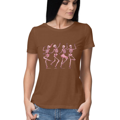 Pink Dancing Skeletons Women's T-Shirt Coffee Brown Printrove