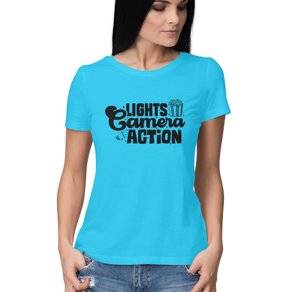 Lights Camera Action Women's T-Shirt Sky Blue Printrove