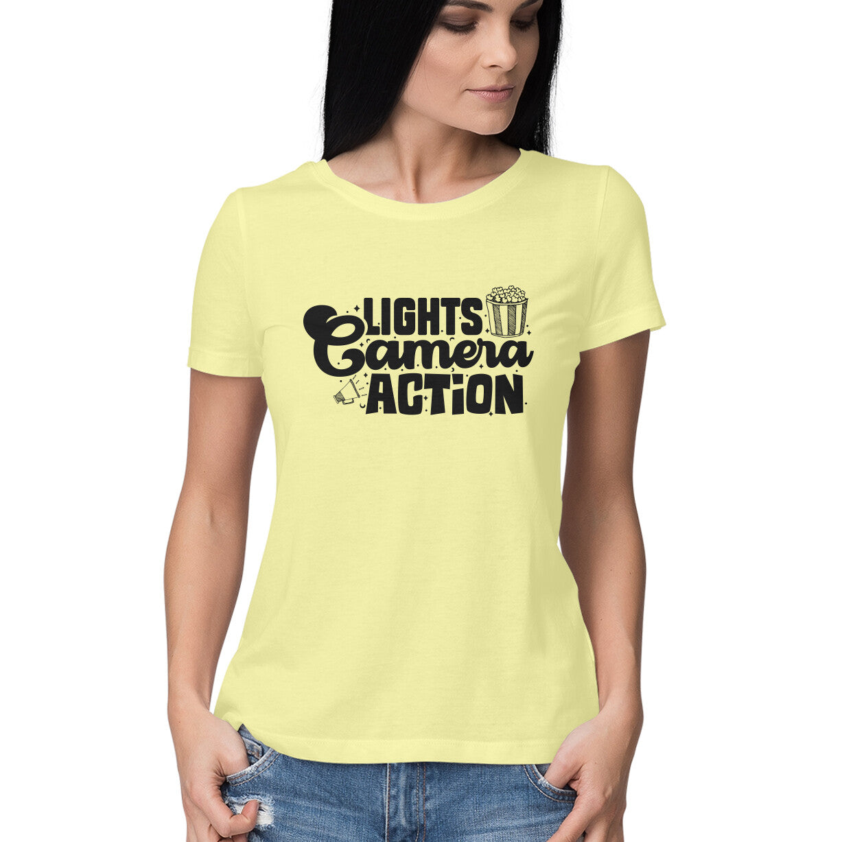 Lights Camera Action Women's T-Shirt Butter Yellow Printrove