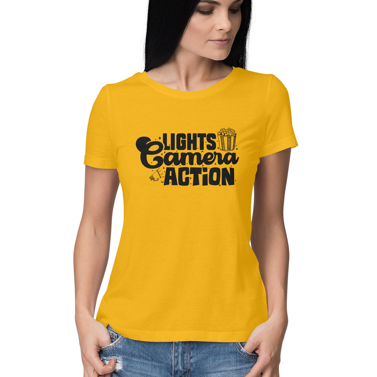 Lights Camera Action Women's T-Shirt Golden Yellow Printrove