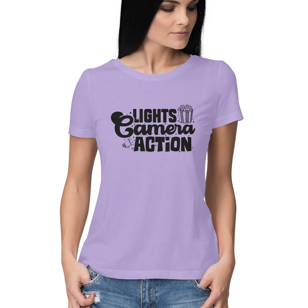 Lights Camera Action Women's T-Shirt Iris Lavender Printrove