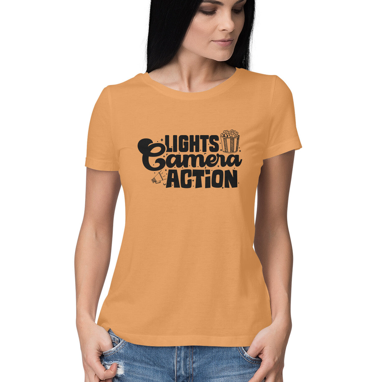 Lights Camera Action Women's T-Shirt Mustard Yellow Printrove
