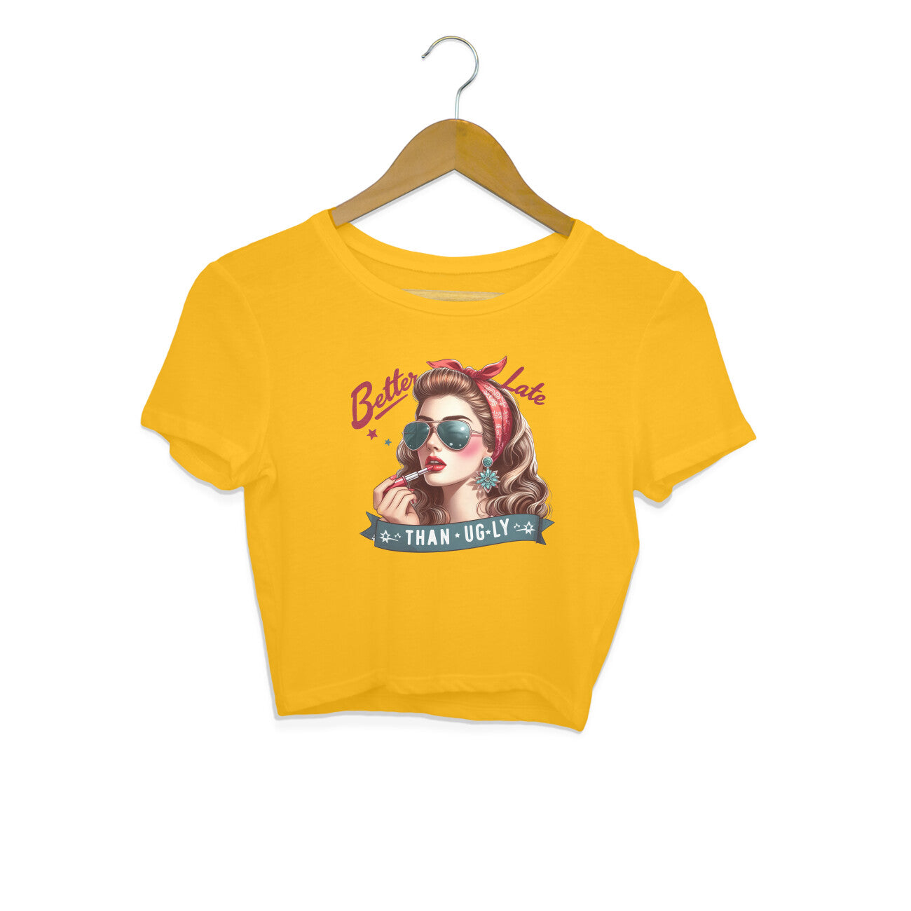 Better Late Than Ugly Crop Top Golden Yellow Printrove
