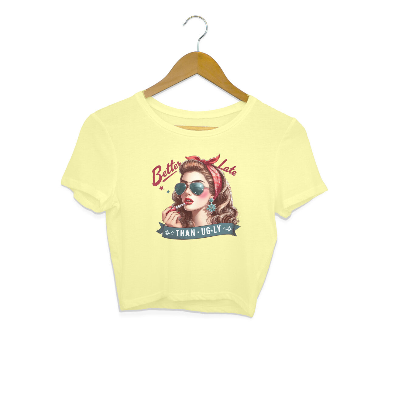 Better Late Than Ugly Crop Top Butter Yellow Printrove