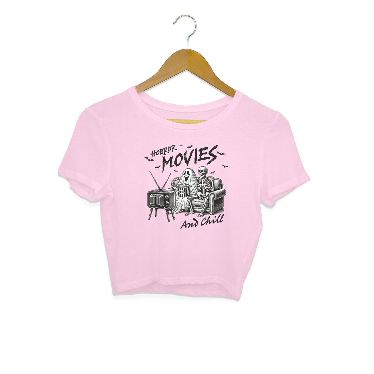 Horror Movies & Chill Crop Top Light Pink Printrove