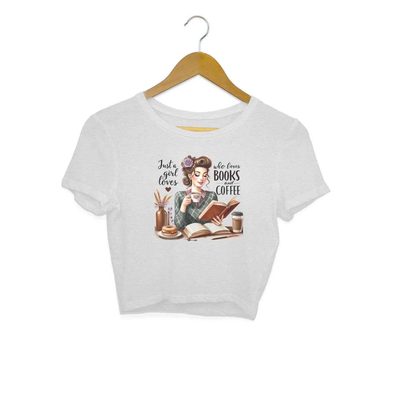 Books & Coffee Crop Top Melange Grey Printrove