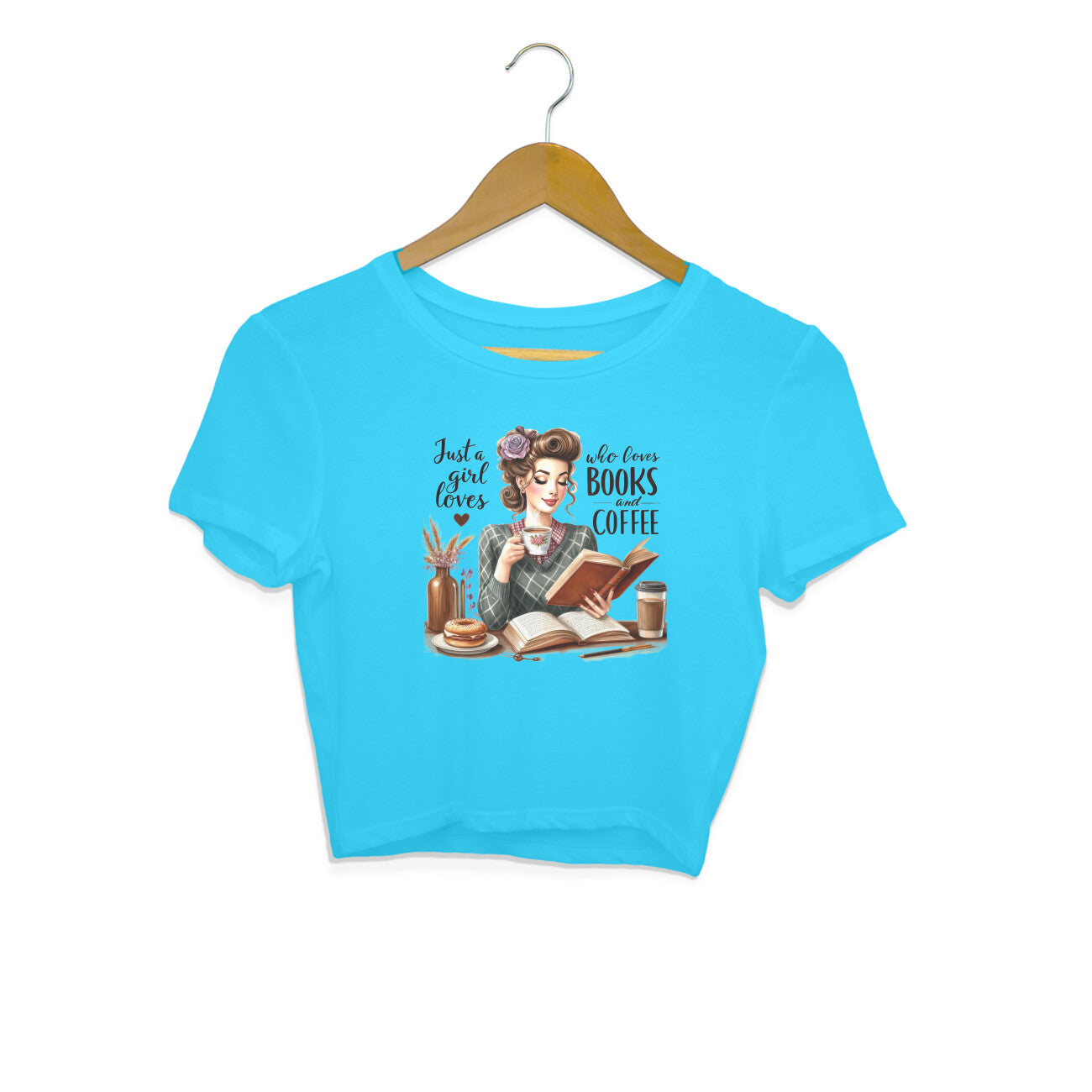 Books & Coffee Crop Top Sky Blue Printrove