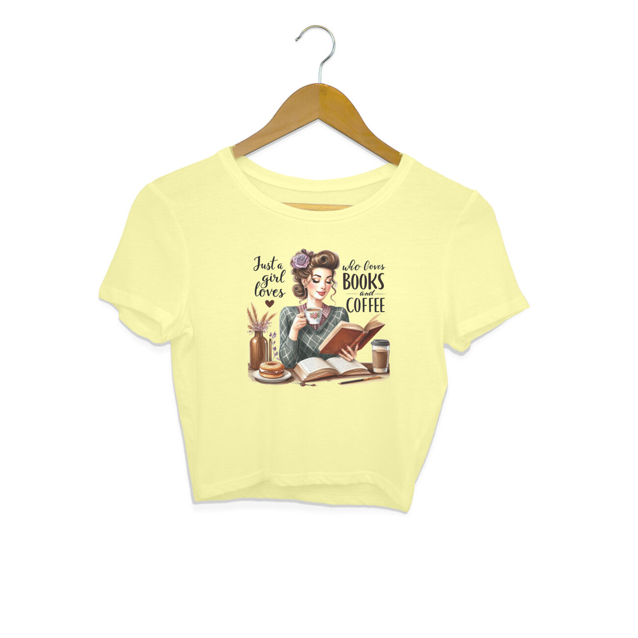 Books & Coffee Crop Top Butter Yellow Printrove