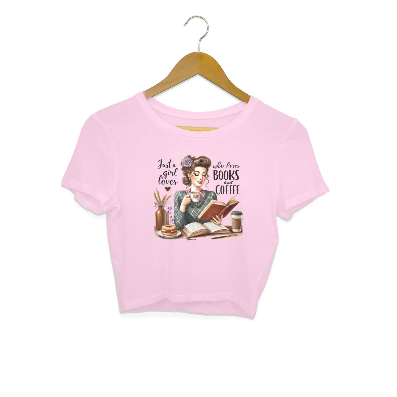Books & Coffee Crop Top Light Pink Printrove