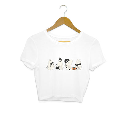 Halloween Cat Ghost Crop Top White Printrove