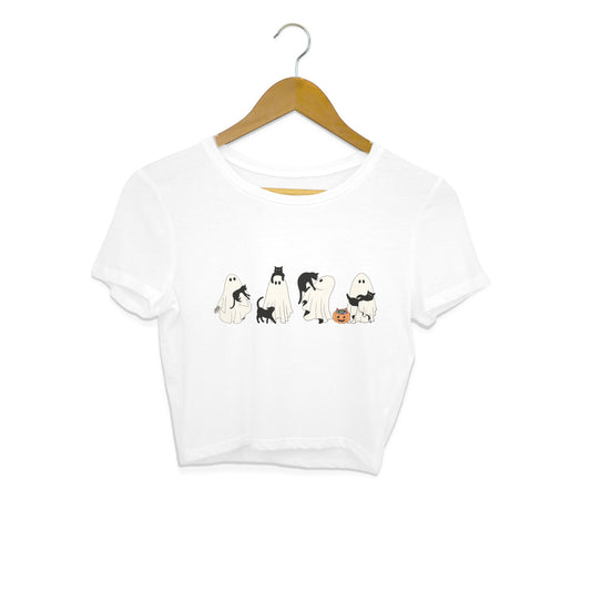 Halloween Cat Ghost Crop Top White Printrove