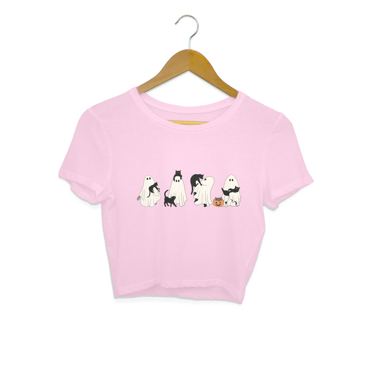 Halloween Cat Ghost Crop Top Light Pink Printrove
