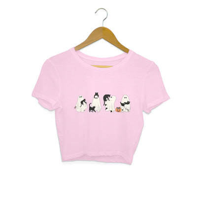 Halloween Cat Ghost Crop Top Light Pink Printrove