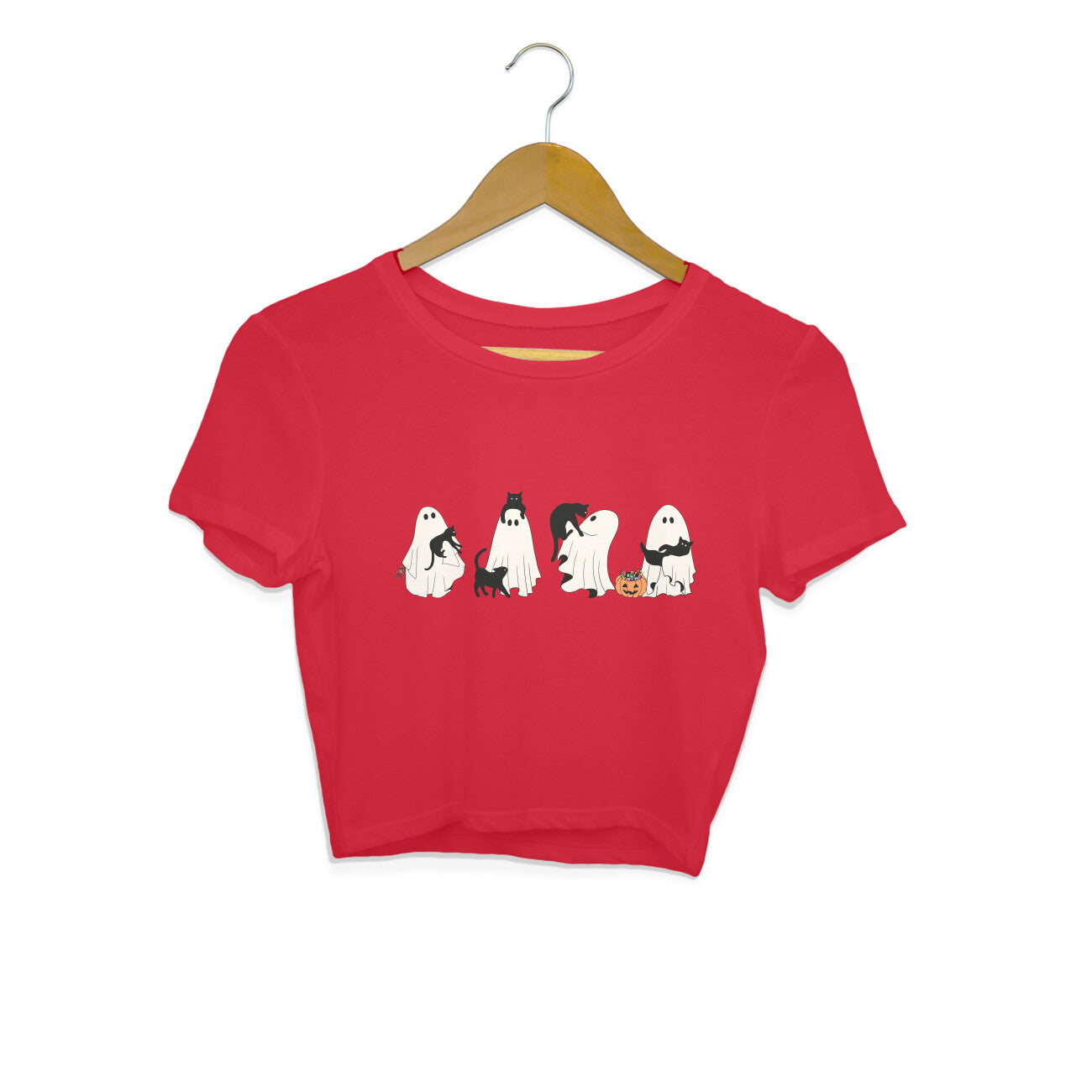 Halloween Cat Ghost Crop Top Red Printrove