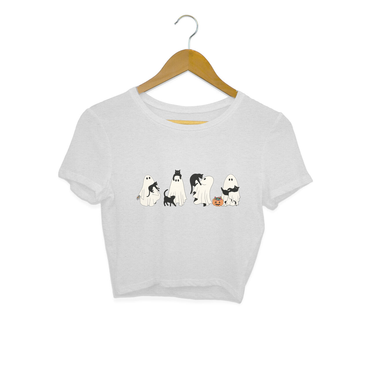 Halloween Cat Ghost Crop Top Melange Grey Printrove