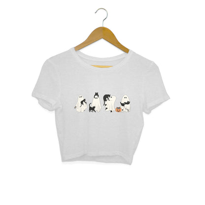 Halloween Cat Ghost Crop Top Melange Grey Printrove