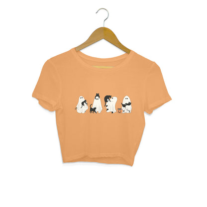 Halloween Cat Ghost Crop Top Mustard Yellow Printrove