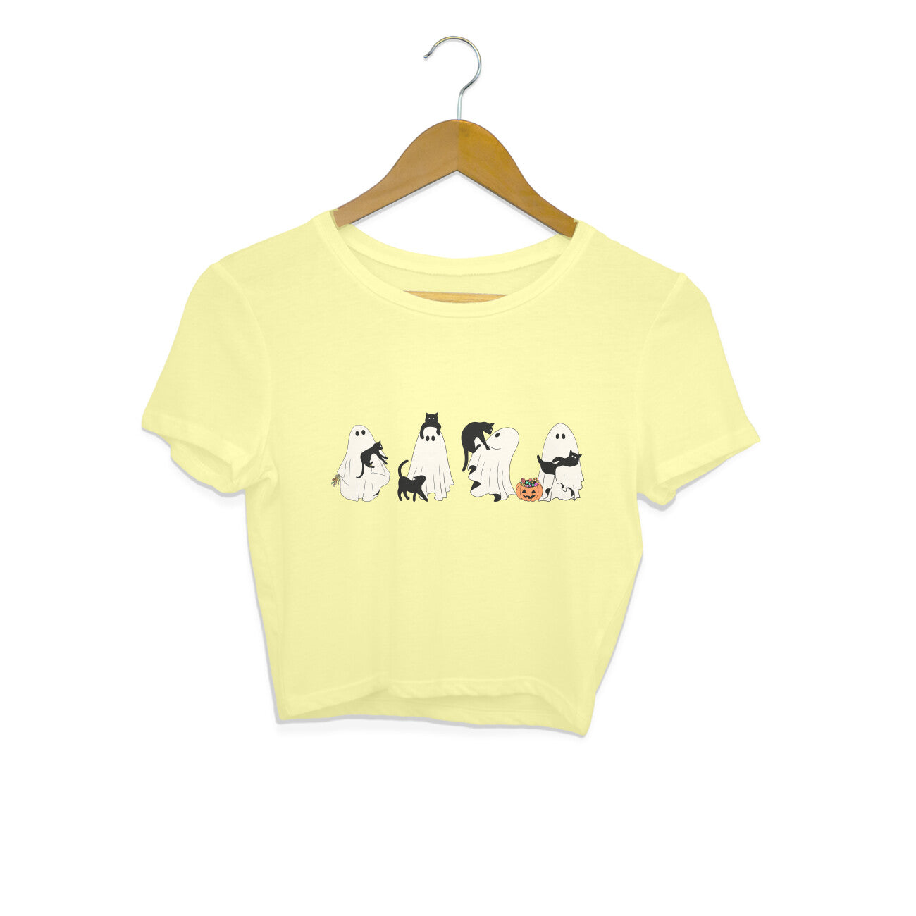 Halloween Cat Ghost Crop Top Butter Yellow Printrove
