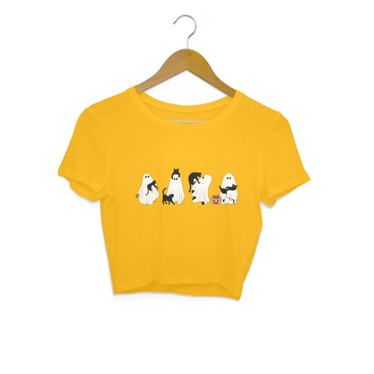 Halloween Cat Ghost Crop Top Golden Yellow Printrove