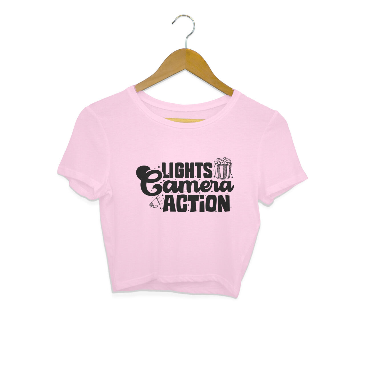 Lights Camera Action Crop Top Light Pink Printrove