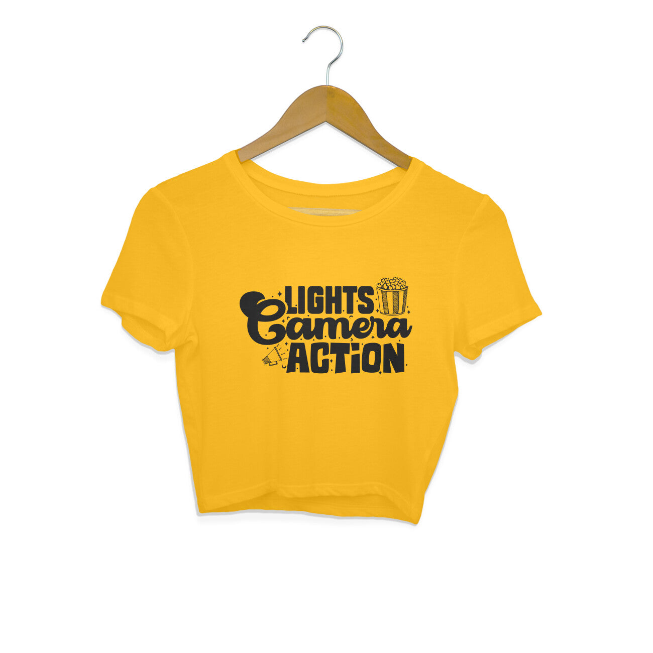 Lights Camera Action Crop Top Golden Yellow Printrove