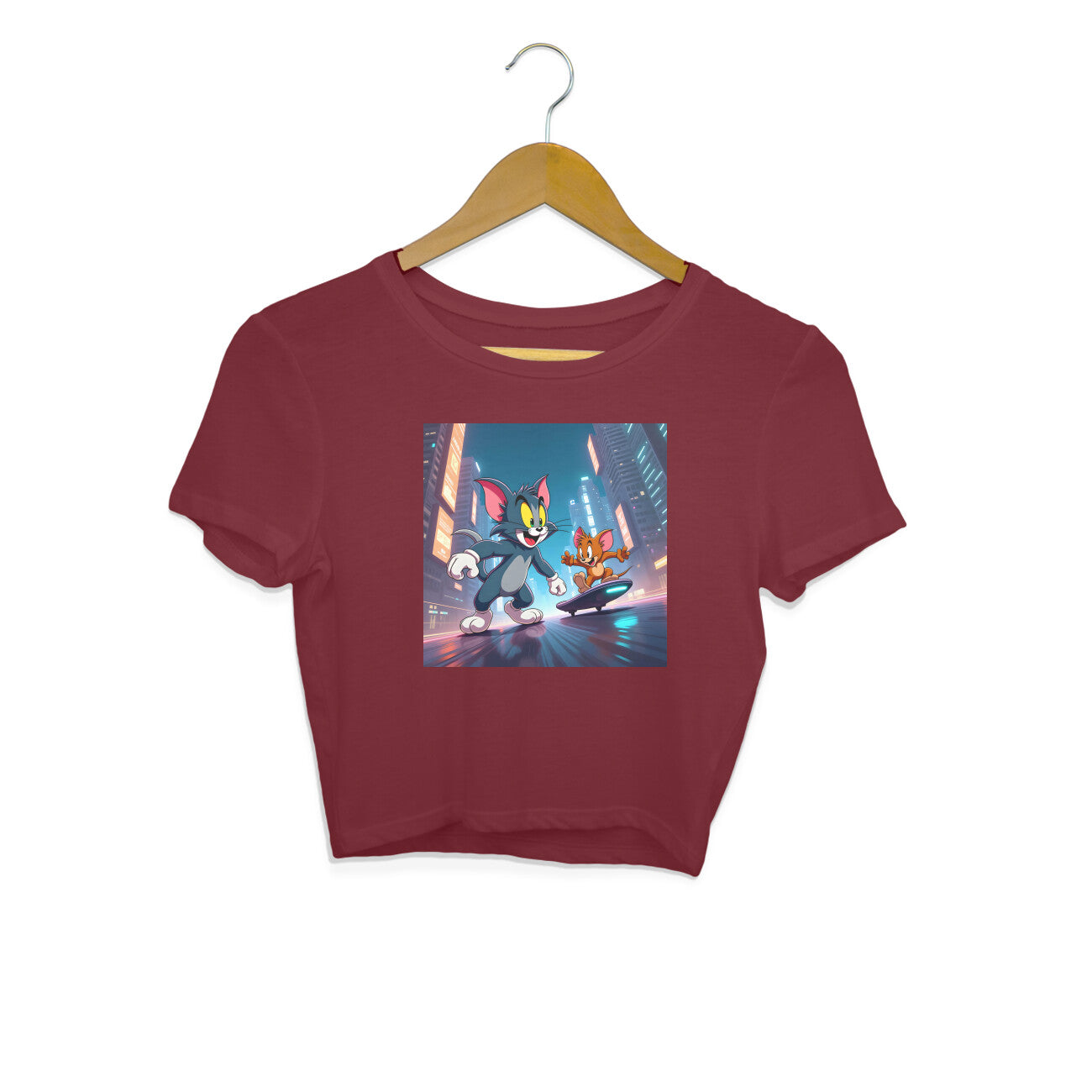 Modern Day Tom & Jerry Crop Top Maroon Printrove