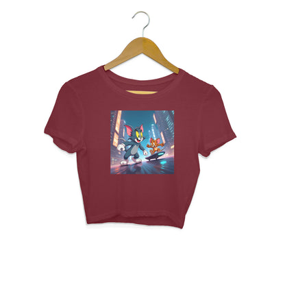 Modern Day Tom & Jerry Crop Top Maroon Printrove