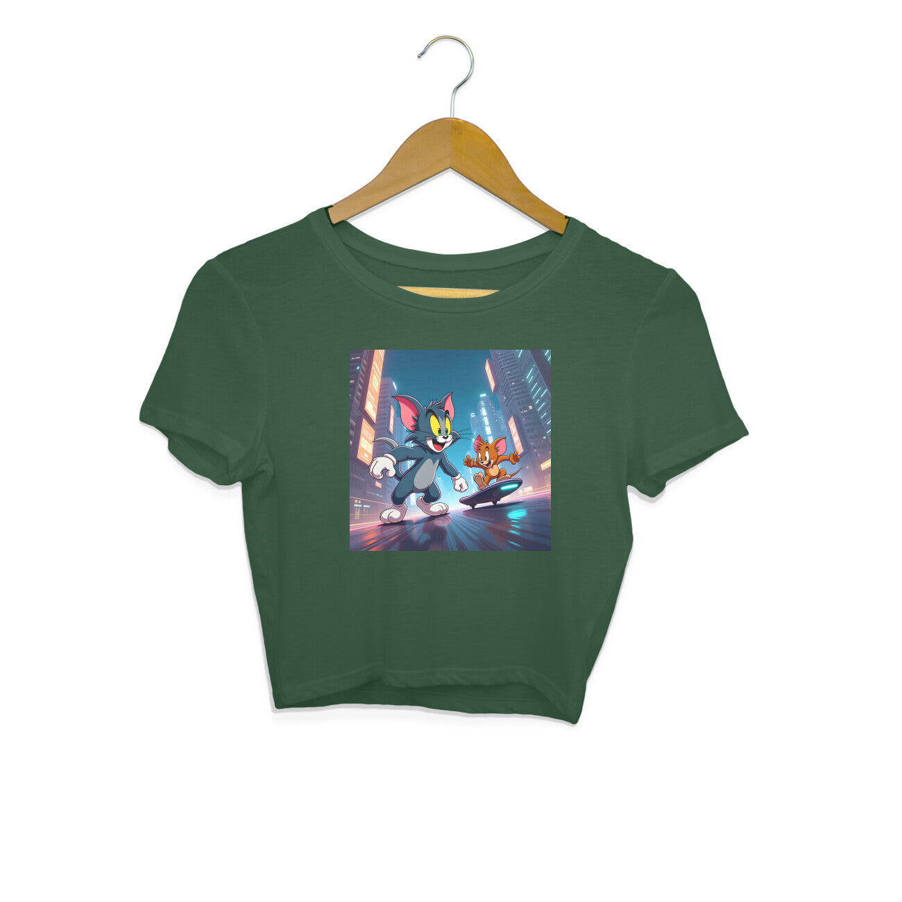 Modern Day Tom & Jerry Crop Top Olive Green Printrove