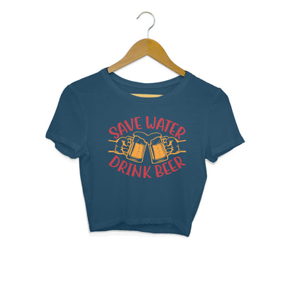 Save Water Drink Beer Crop Top Navy Blue Printrove