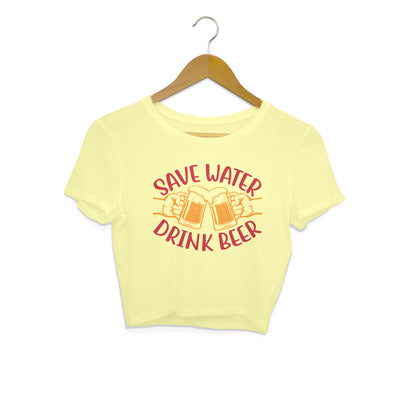 Save Water Drink Beer Crop Top Butter Yellow Printrove