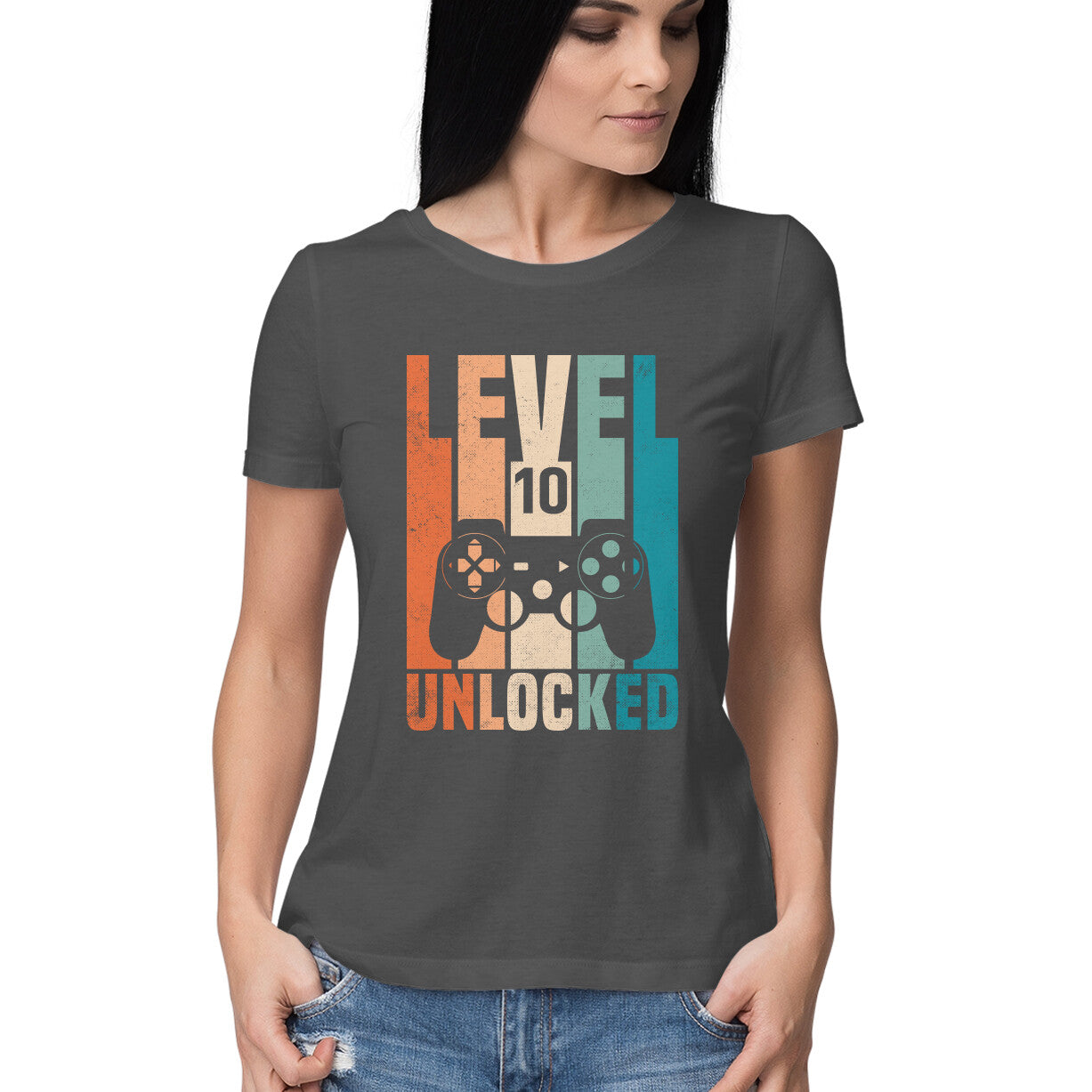 Level 10 Gamer Women's T-Shirt Charcoal Grey Printrove