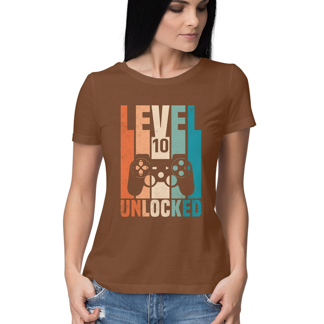 Level 10 Gamer Women's T-Shirt Coffee Brown Printrove