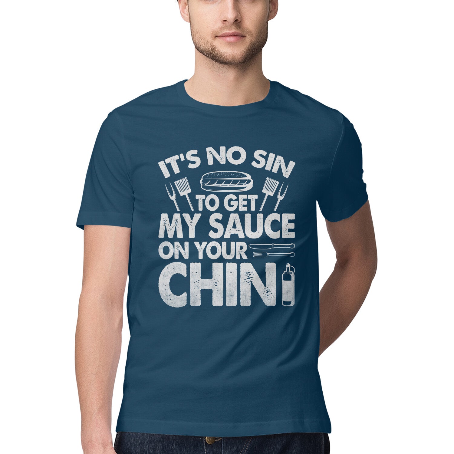 Sauce On Your Chin T-Shirt Navy Blue Printrove