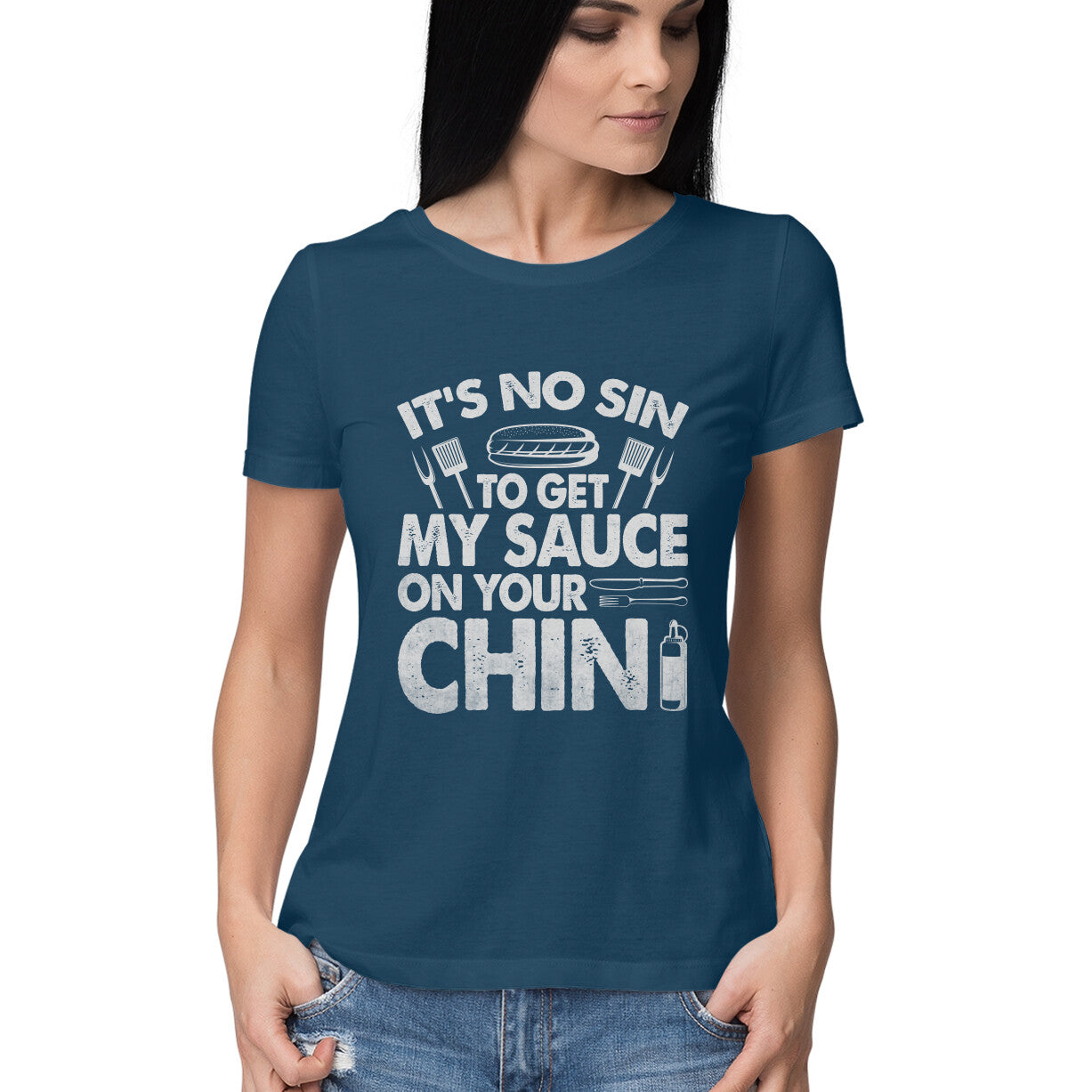 Sauce On Your Chin Women's T-Shirt Navy Blue Printrove