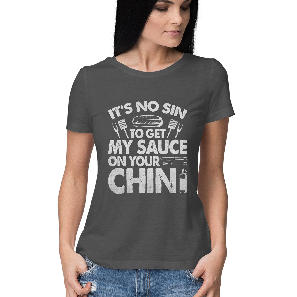 Sauce On Your Chin Women's T-Shirt Charcoal Grey Printrove