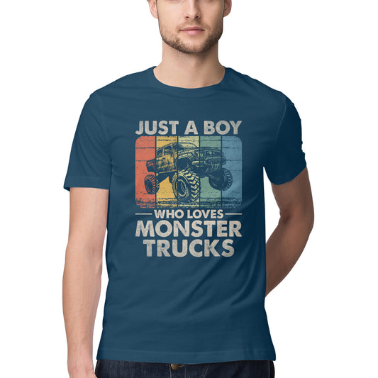 Boy Who Loves Monster Trucks T-Shirt Navy Blue Printrove