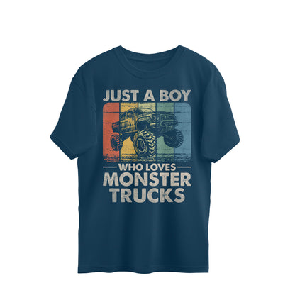 Boy Who Loves Monster Trucks Oversized T-Shirt Navy Blue Printrove