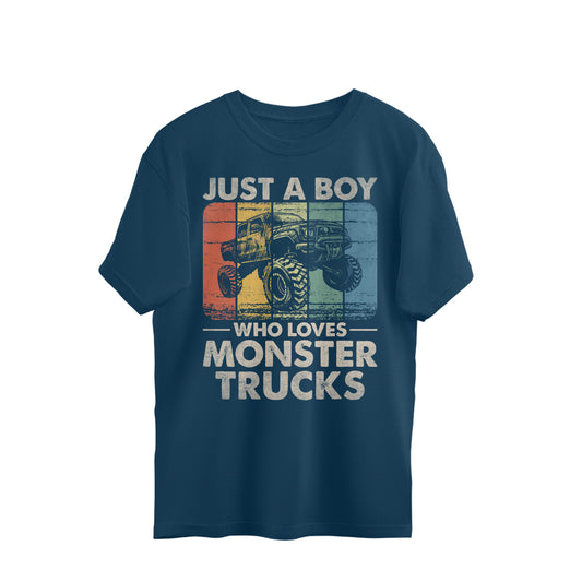 Boy Who Loves Monster Trucks Oversized T-Shirt Navy Blue Printrove
